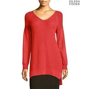 EILEEN FISHER WOMEN NWT ZINIA 100% WOOL V-NECK HOT RED TUNIC SWEATER. SIZE S